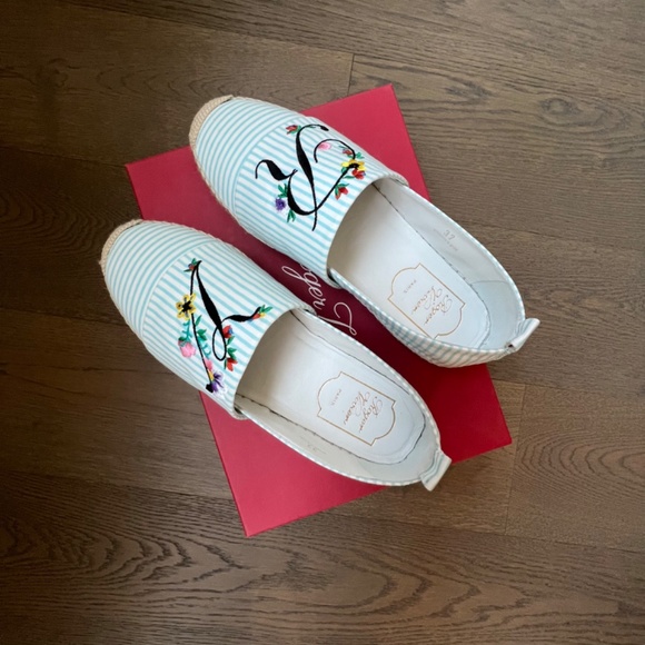 ROGER VIVIER Blooming Rv Embroidered Striped Canvas Espadrilles Blue Size 7 - Picture 7 of 12
